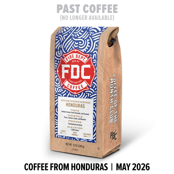 Fire Dept. Coffee bag with Honduras coffee label on a white background