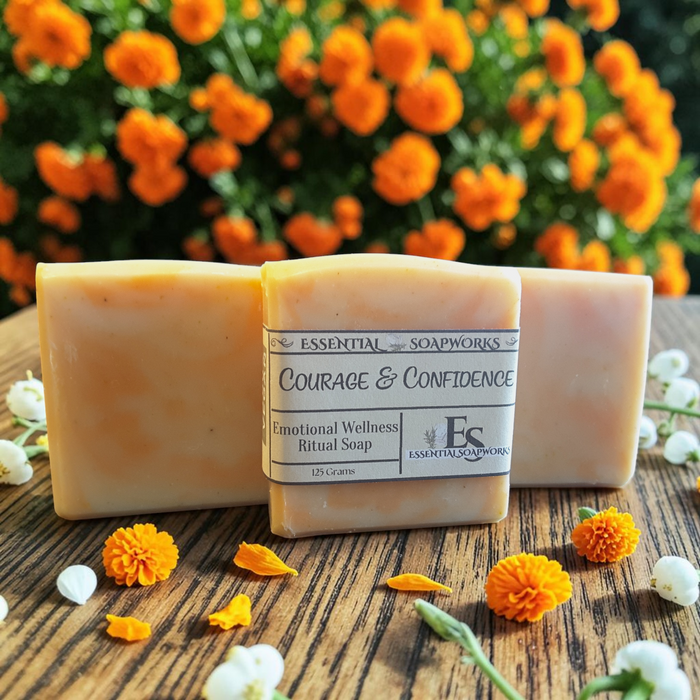 Courage & Confidence emotional balance soap on a wooden surface with flowers in the background.