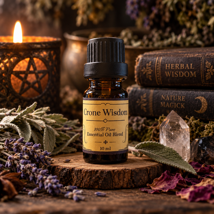 Crone Wisdom witchy diffuser blend on a wooden surface with sage leaves and clear quartz crystal with a candle and stack of books in the background
