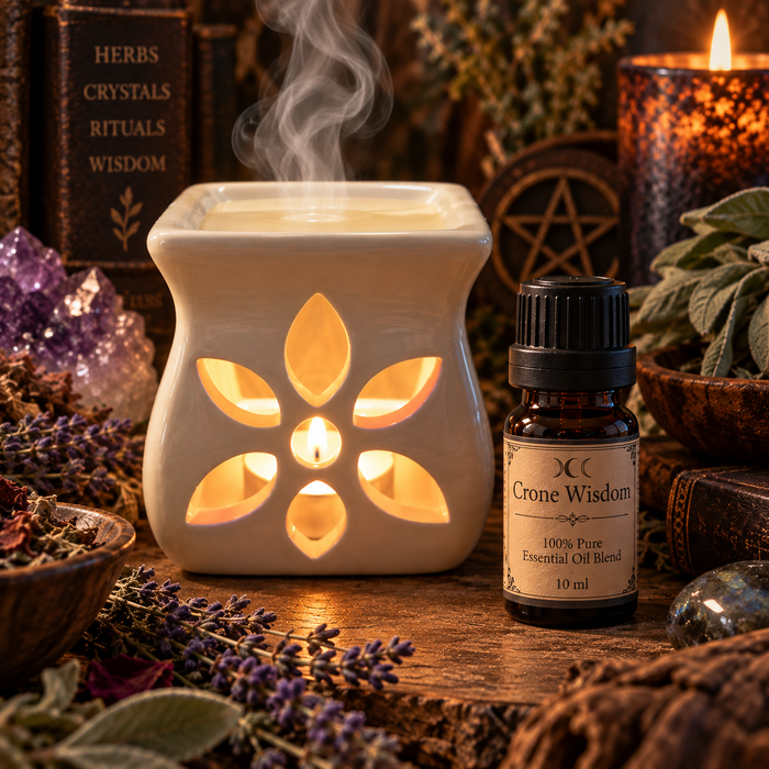 Crone Wisdom witchy diffuser blend on a wooden surface with an essential oil burner with a candle in the background