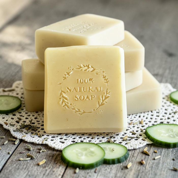 cucumber aloe soap on white lace on a wooden surface with cucumber slices