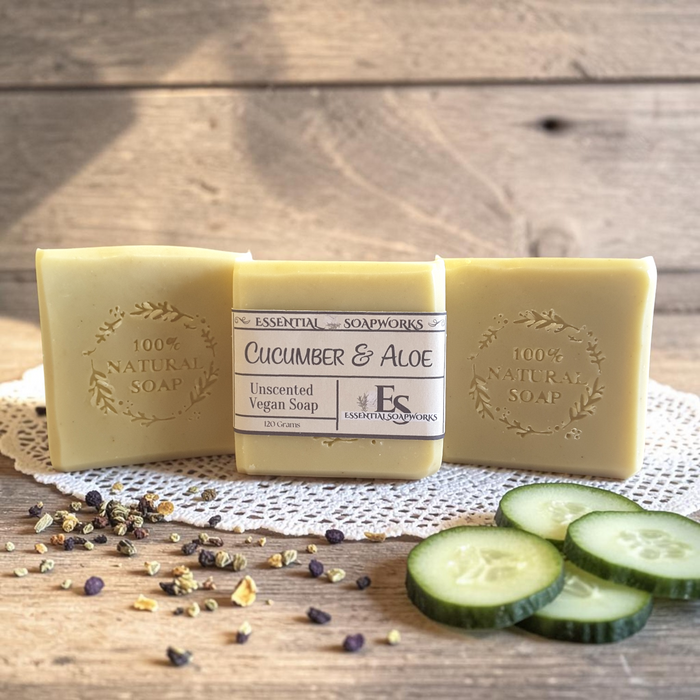 cucumber aloe soap on white lace on a wooden surface with cucumber slices