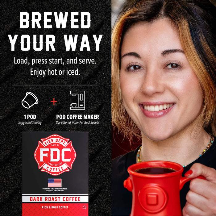 A promotional graphic for an FDC coffee pod maker. The left side features a black textured background with white text reading 'BREWED YOUR WAY' and product details, including a red and white FDC Dark Roast Coffee pod package.