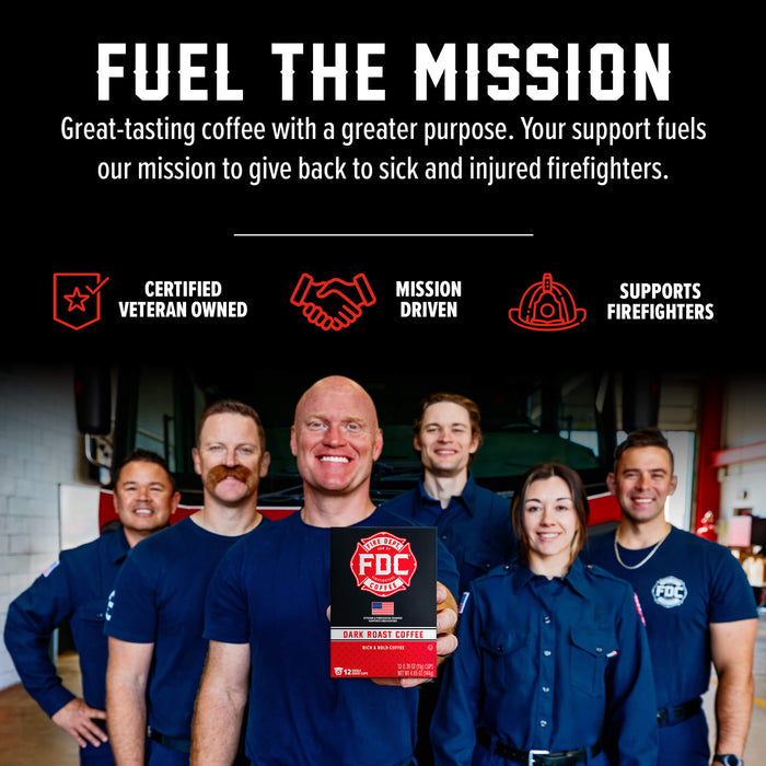 A group of firefighters wearing navy blue PDC uniforms stand together in a garage-like setting, holding a box of FDC Fire Department Grind Coffee. The top of the image has a black banner with white text reading 'FUEL THE MISSION' and supporting claims like 'Certified Veteran Owned,' 'Mission Driven,' and 'Supports Firefighters.