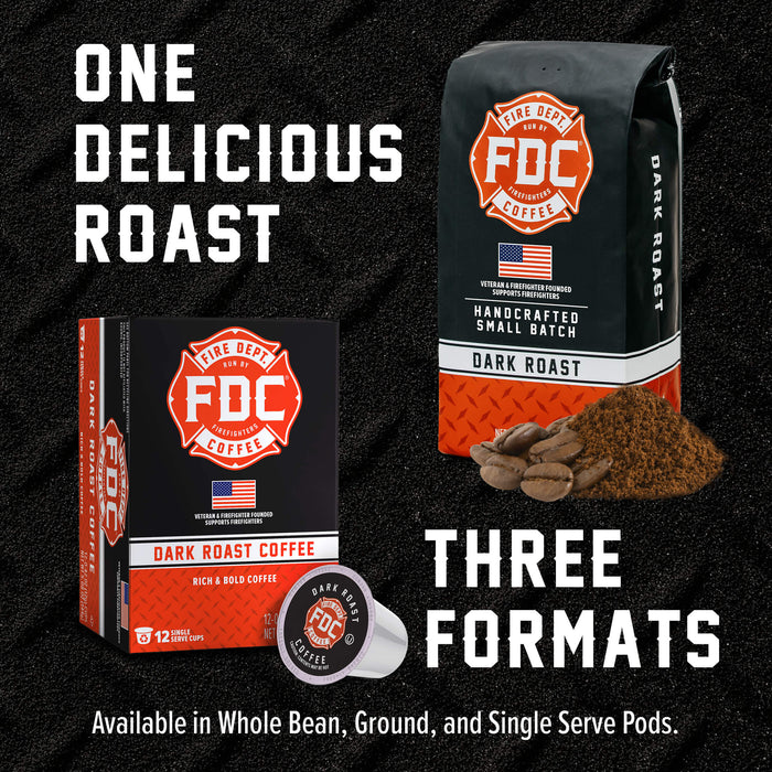 FDC Coffee Dark Roast promotional graphic showing a whole bean box, a single-serve pod, and loose coffee beans and grounds on a black textured background, with large text reading 'ONE DELICIOUS ROAST' and 'THREE FORMATS'.