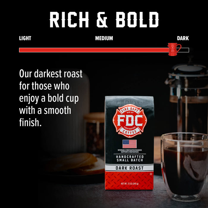 FDC Coffee Dark Roast bag displayed on a dark tabletop with a glass of black coffee and a French press in the background, under a 'RICH & BOLD' graphic with a roast level slider.