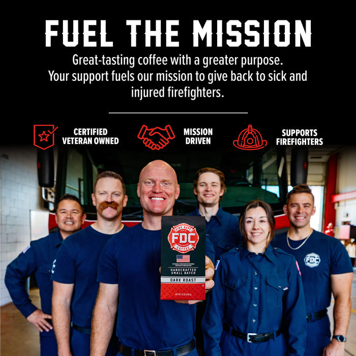 A group of firefighters standing in a fire station holding a box of FDC Fire Department Specialty Coffee, with a black background and promotional text at the top.