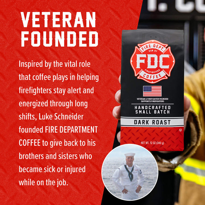 A hand holds a package of FDC Fire Department Coffee Dark Roast against a promotional graphic with a red background, white text, and a circular photo of a man in a sailor uniform. The package shows the FDC logo and text for veteran-founded coffee.