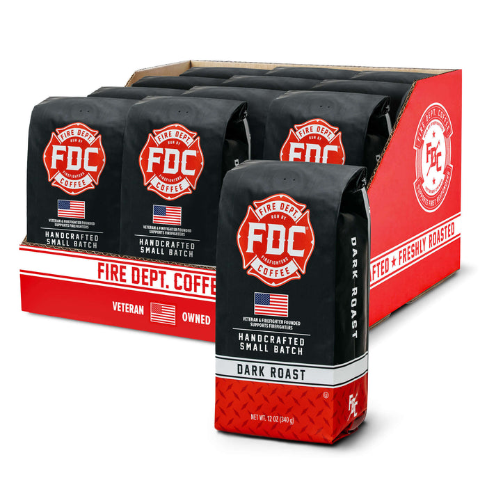 Fire Dept. Coffee bags with red and black design on a white background