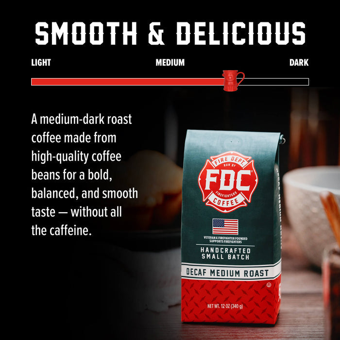 A bag of FDC Decaf Medium Roast coffee is shown on a dark tabletop with promotional text and a roasting-level slider above. The package is teal and red with a prominent red FDC logo.
