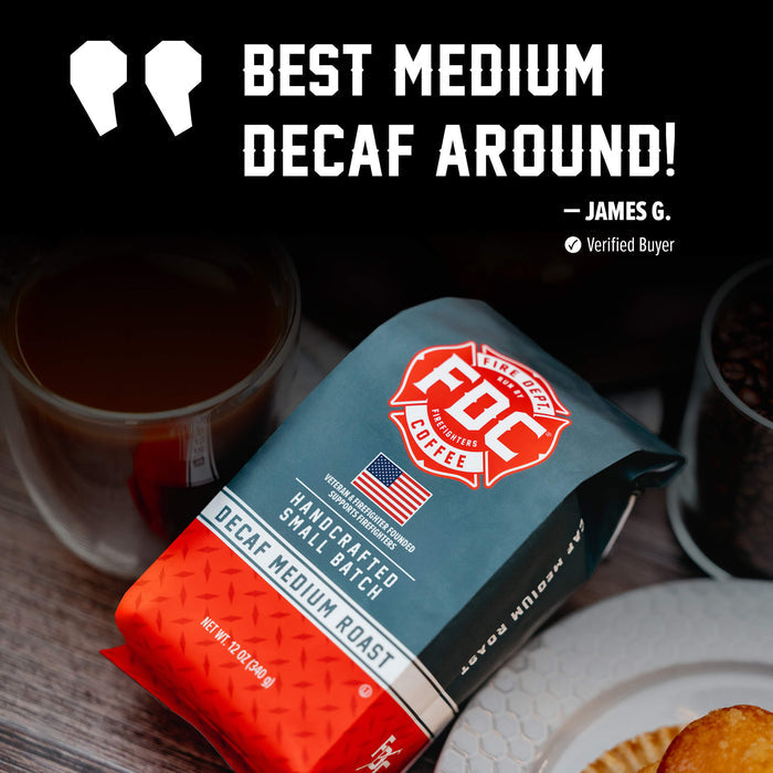 A bag of FDC Coffee Decaf Medium Roast is shown on a wooden surface with a glass of coffee and a plate in the background. Large text at the top reads 'BEST MEDIUM DECAF AROUND!' with a verified buyer badge.