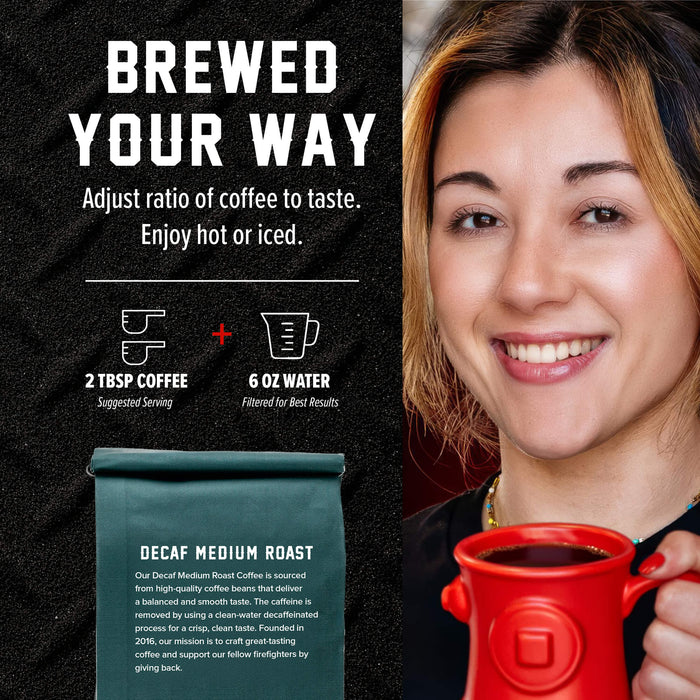 Promotional coffee advertisement with a smiling woman holding a red mug on the right, and product information on the left including the text 'BREWED YOUR WAY,' serving ratios, and a bag labeled 'DECAF MEDIUM ROAST' by Decaf.