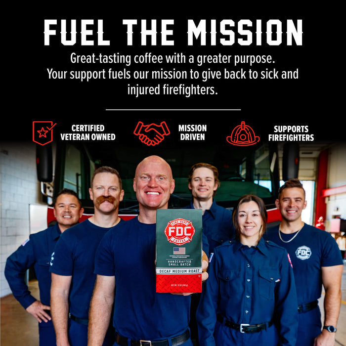 A group of firefighters standing in a fire station holding a FDC Coffee Medium Roast box, with a black background and promotional text at the top reading 'FUEL THE MISSION'.