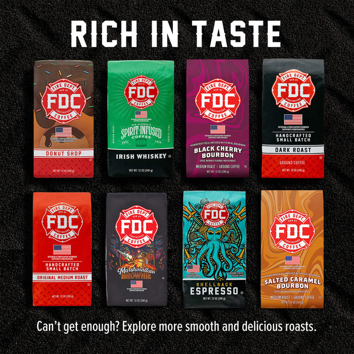 A promotional graphic for FDC Coffee Roasters showing eight different coffee bag packages arranged in a grid on a black textured background, with the headline 'RICH IN TASTE' at the top and a tagline at the bottom.