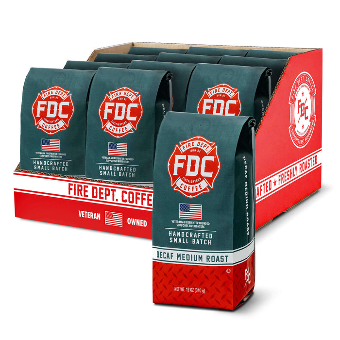Fire Department Coffee packages in a display box on a white background