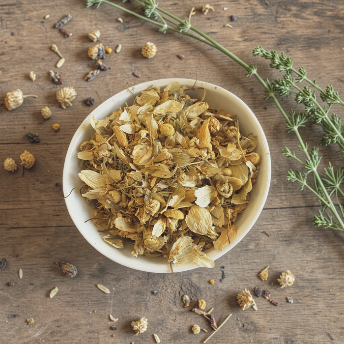 deep sleep loose leaf tea in a bowl on a wooden surface