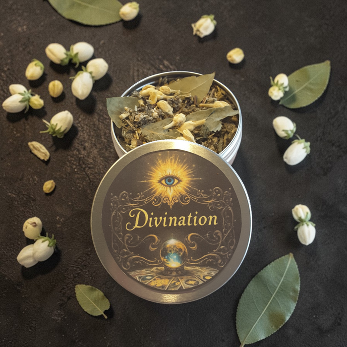 Divination loose incense with flowers and leaves on a dark surface