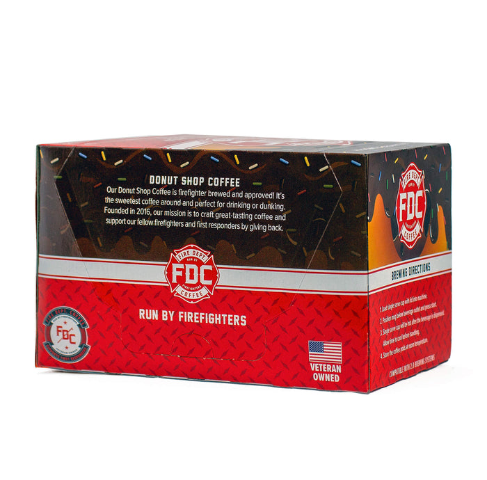 A 12 count box of Fire Department Coffee's Donut Shop Coffee Pods