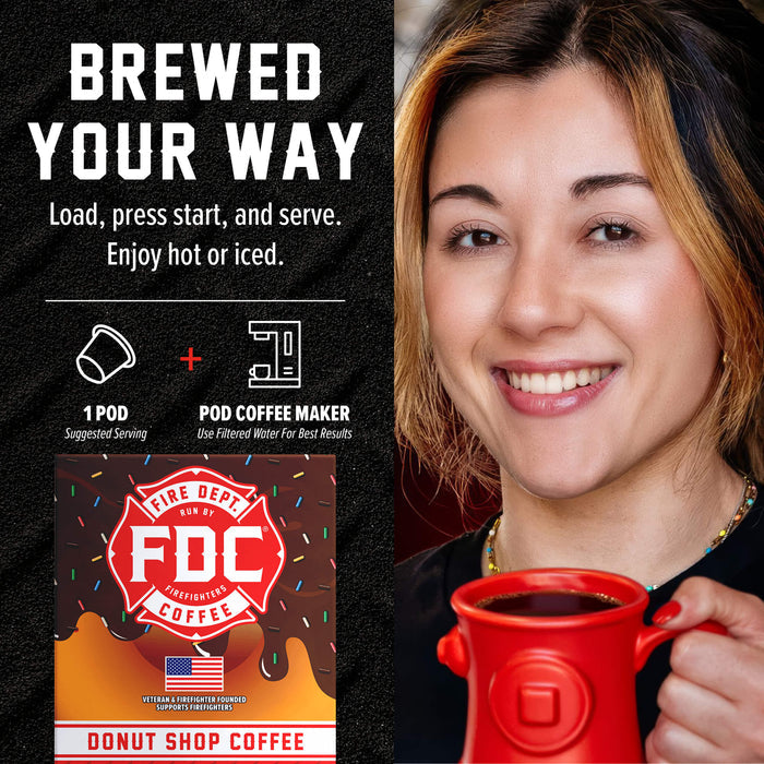 A promotional graphic for a pod coffee maker showing a smiling woman on the right holding a red mug, alongside product text and a branded coffee pod package on the left. The text reads 'BREWED YOUR WAY' and includes 'Load, press start, and serve.