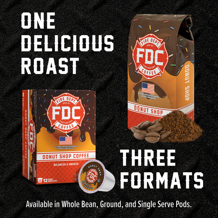 FDC Donut Shop Coffee advertisement showing whole bean, ground, and single-serve pod packaging on a black textured background with large white text reading 'ONE DELICIOUS ROAST' and 'THREE FORMATS'.