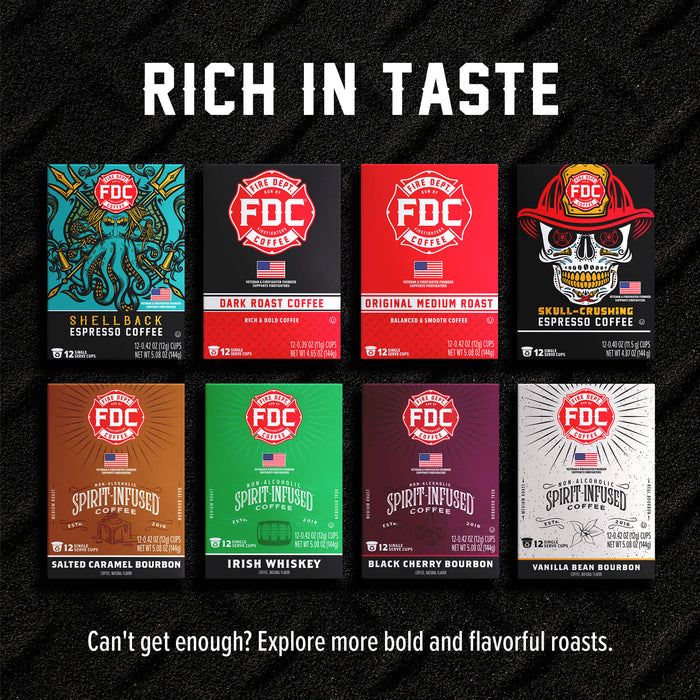 A promotional graphic showing eight FDC Coffee Roasted flavor and style labels arranged in a grid on a black textured background, with large white text reading “RICH IN TASTE” at the top and smaller text at the bottom inviting exploration of bold roasts.