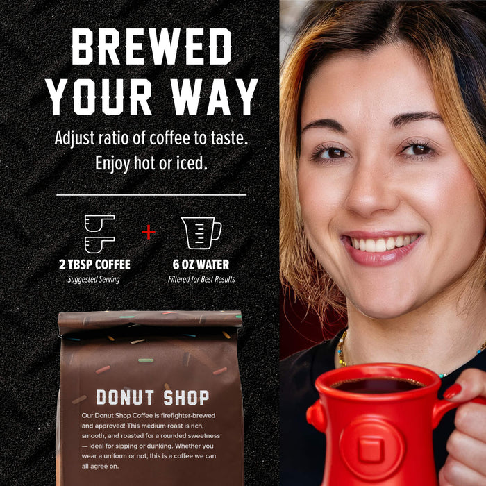 Promotional graphic for Donut Shop coffee. On the left, brewing instructions read “2 TBSP COFFEE + 6 OZ WATER” and “Enjoy hot or iced” above a coffee bag. On the right, a smiling woman holds a red mug of coffee.