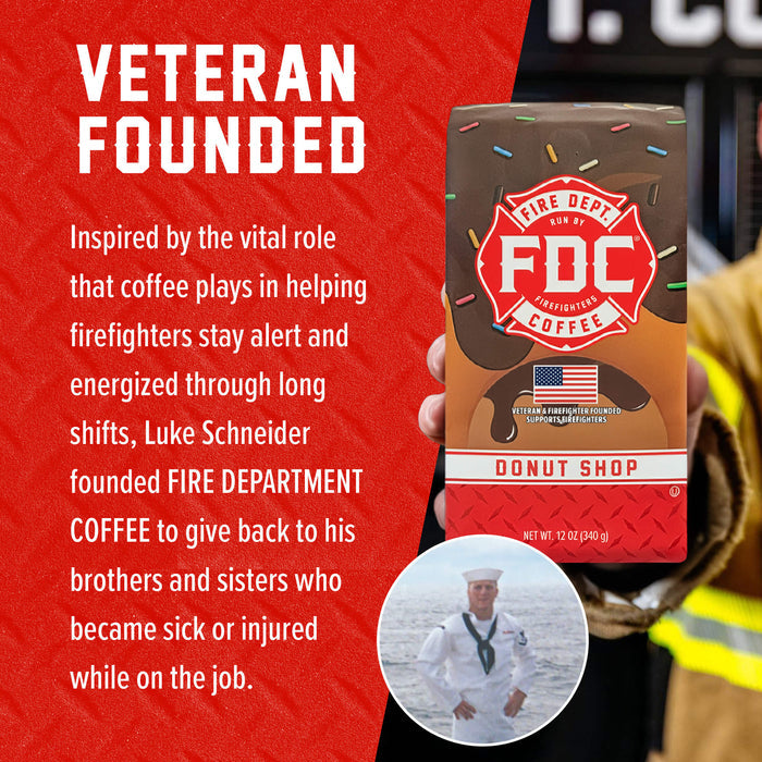 A person in firefighter gear holds a bag of Fire Dept Coffee Donut Shop coffee beside the heading “Veteran Founded.” Text explains that Luke Schneider founded the company to support firefighters who became sick or injured on the job. A small inset photo shows Schneider in a Navy uniform.