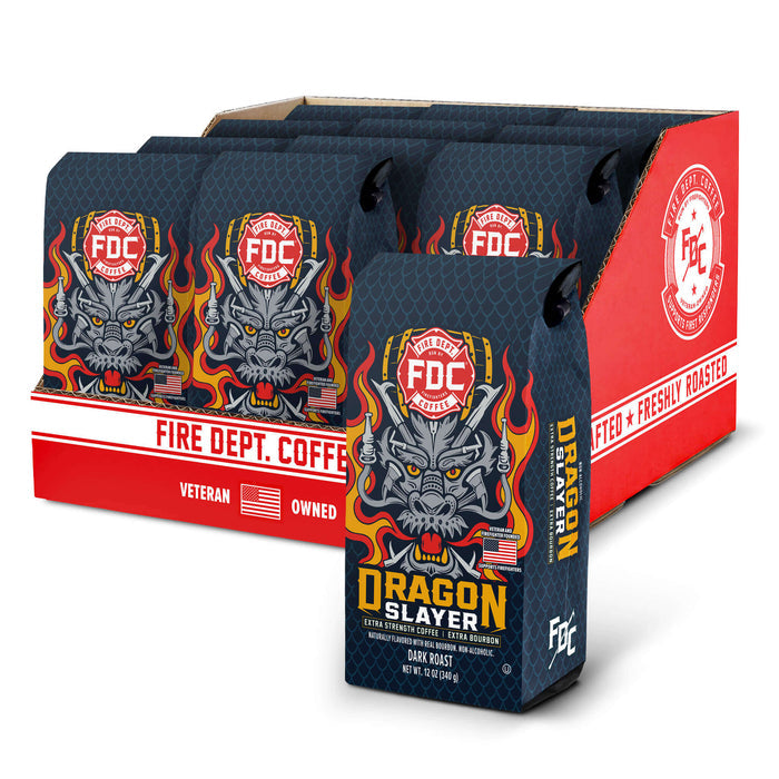 Fire Dept. Coffee Dragon Slayer coffee packaging with a dragon graphic on a white background