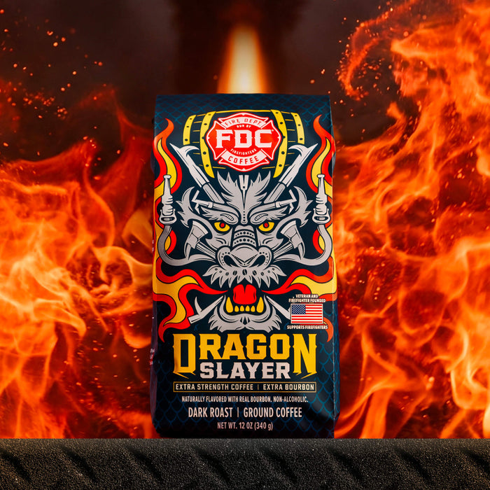 Dragon Slayer coffee package with flames and a fire-breathing dragon in the background.