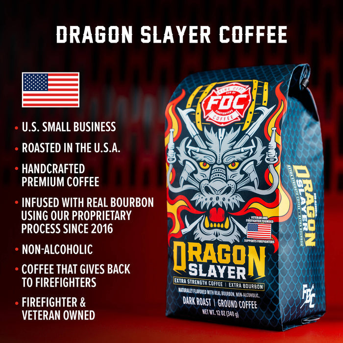 Dragon Slayer Coffee package with branding and product details on a dark background