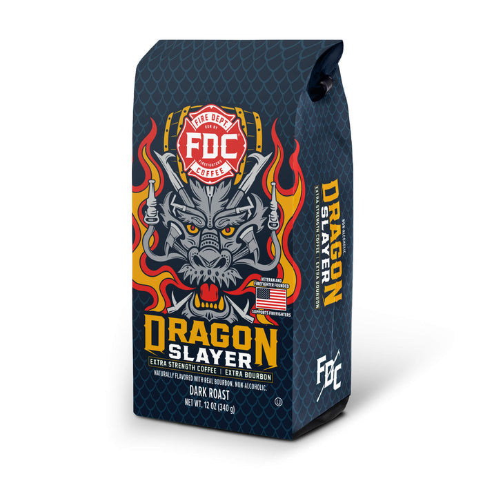 Coffee bag labeled 'Dragon Slayer' with a dragon design on a white background