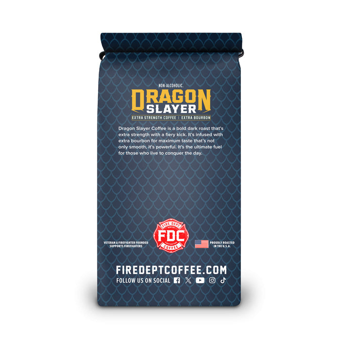 The back of the Dragon Slayer Bourbon Infused coffee bag with Fire Department Coffee branding and text on a white background.