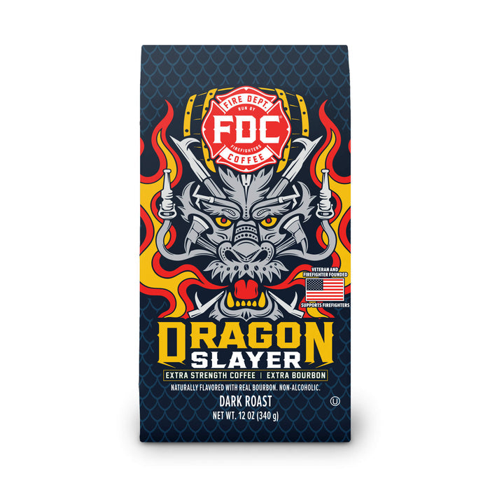 Fire Dept. Coffee's 12 ounce Dragon Slayer Bourbon Infused Coffee in a rectangular package.