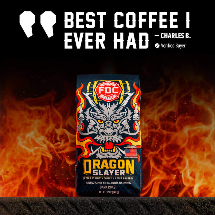 A bag of FOC Selects Dragon Slayer dark roast coffee is centered against a dramatic background of orange flames and black space, with large white text above reading 'BEST COFFEE I EVER HAD - CHARLES B. Verified Buyer'.