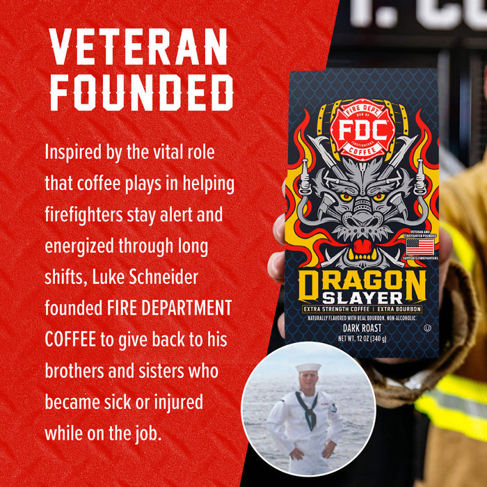 A promotional graphic for the Fire Department Coffee Dragon Slayer Dark Roast. The image features a hand holding the coffee bag, a red background with white text detailing the brand's origin, and a circular photo of a man in a sailor uniform.