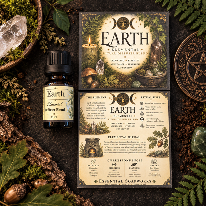 Earth elemental essential oil diffuser blend with illustrated Earth ritual and correspondence cards for grounding, stability and abundance.