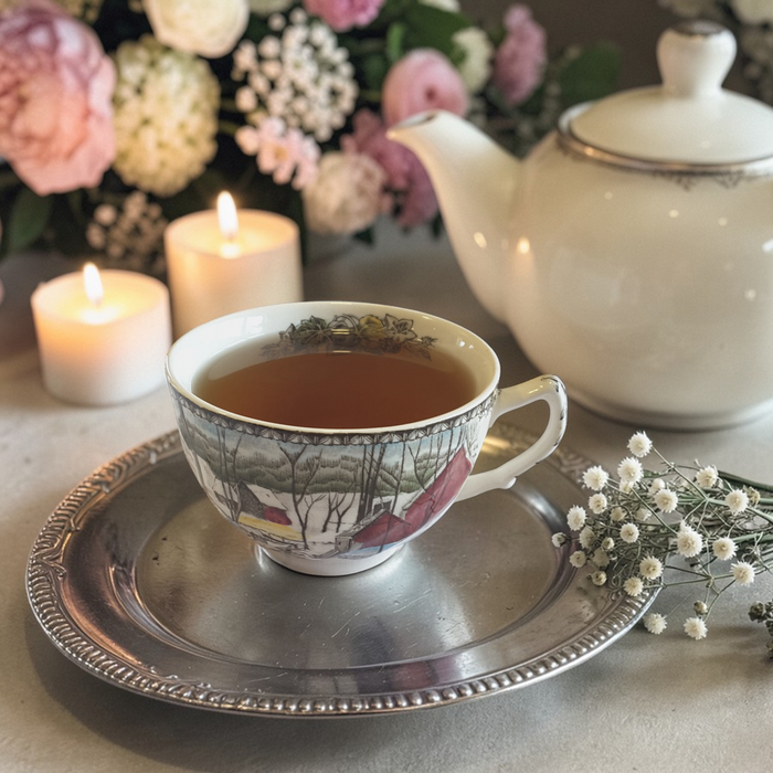 Evening wind down tea in a tea cup with floral design on a silver tray, teapot, candles, and flowers in the background.