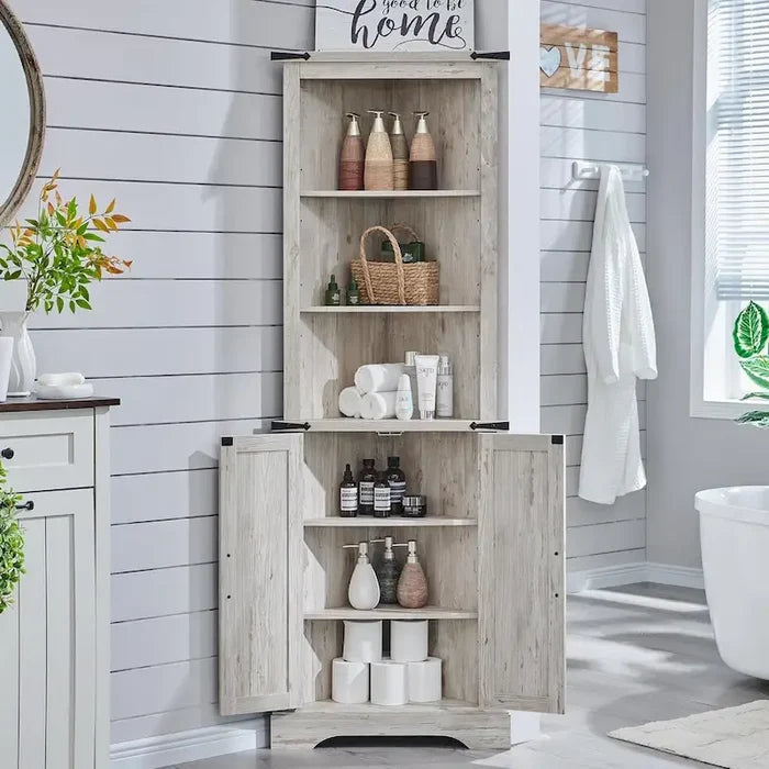 Farmhouse Rustic 68-Inch Tall Corner Storage Cabinet with Barn Door