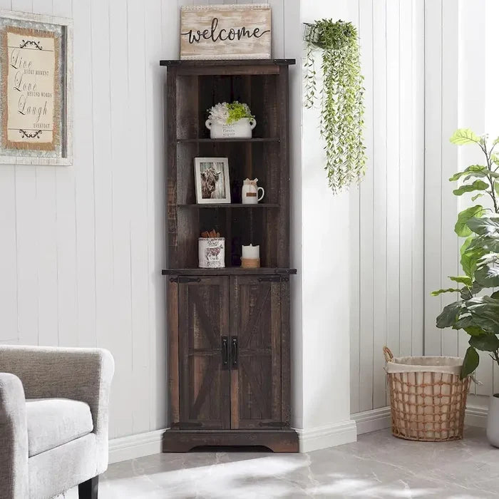 Farmhouse Rustic 68-Inch Tall Corner Storage Cabinet with Barn Door