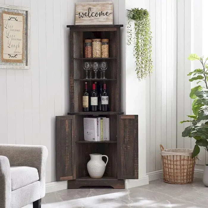 Farmhouse Rustic 68-Inch Tall Corner Storage Cabinet with Barn Door