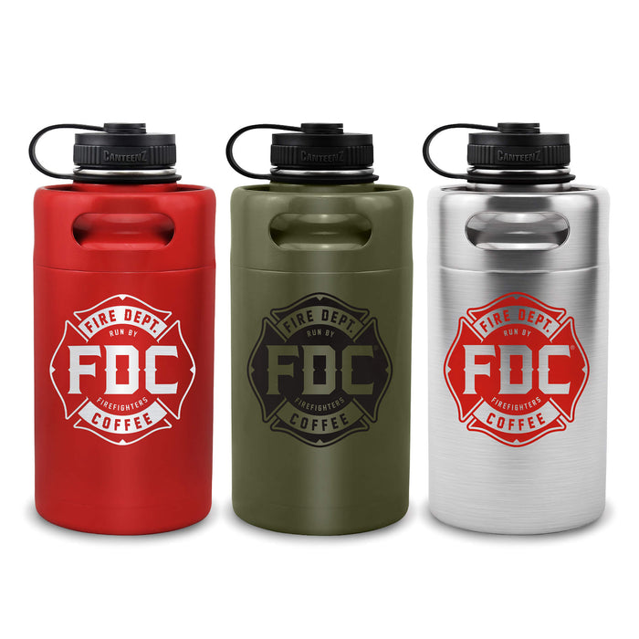 Three water bottles in red, green, and silver with FDC Coffee branding on a white background.