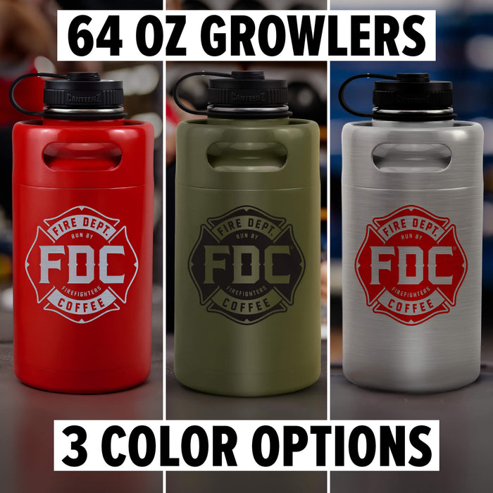 Three 64-oz metal growlers are shown in red, green, and silver with the Fire Department Coffee logo on a blurred background.
