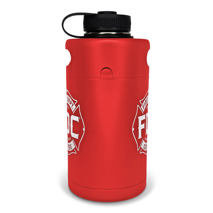 The side of the red stainless steel Fire Department Coffee Growler to show logo on both sides.