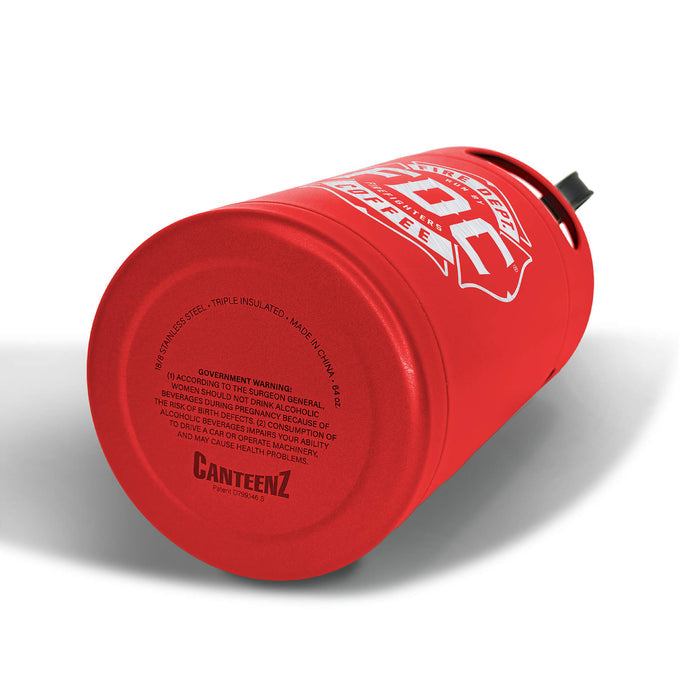 The bottom of the red stainless steel Fire Department Coffee Growler.