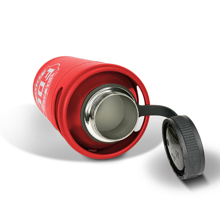 The top of the red stainless steel Fire Department Coffee Growler with the cap twisted off.