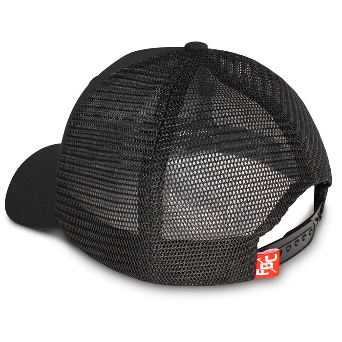 Side view of the back of the FDC black mesh hat with adjustable closure and red FDC pike pole logo tag