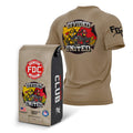 A tan short-sleeve t-shirt shown from both front and back, alongside a matching branded bag. The shirt features a large multicolor graphic on the back with firefighters and the words 'DIVIDED UNITED,' plus a smaller matching graphic on the sleeve.