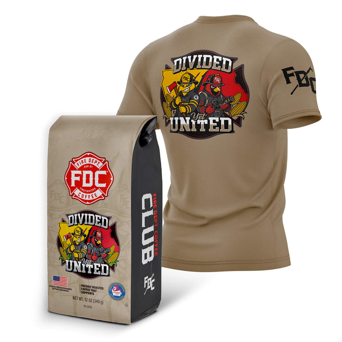 A tan short-sleeve t-shirt shown from both front and back, alongside a matching branded bag. The shirt features a large multicolor graphic on the back with firefighters and the words 'DIVIDED UNITED,' plus a smaller matching graphic on the sleeve.