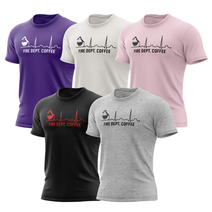Five Fire Dept. Coffee EKG T-shirts displayed in purple, vintage white, pink, black, and heather gray, each featuring a coffee pot pouring into a heartbeat line with “Fire Dept. Coffee” text underneath.