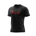 A black Fire Dept. Coffee EKG T-shirt featuring a red graphic of a coffee pot pouring into a heartbeat line with “Fire Dept. Coffee” text underneath, shown on a plain background.